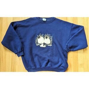 Vintage 1990s Navy Blue Mohair Sheep Print Pullover Crewneck Sz XL